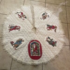 Vintage Legend of Santa Claus Quilted Christmas Tree Skirt 42" Lace Trim Cream